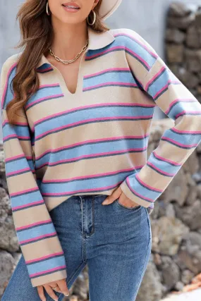 🔥 Stripe Collared V Neck Drop Shoulder Loose Sweater: For When You Want to Look Chill, but Still Like You Could Take on a Fashion Challenge 🔥