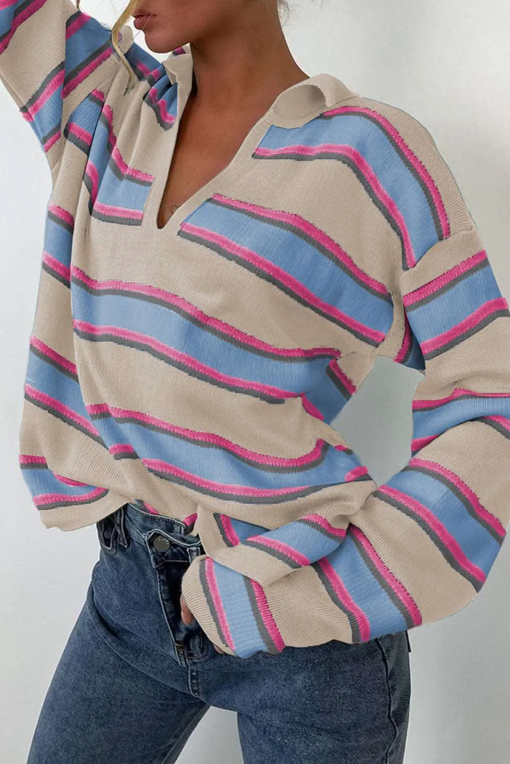 🔥 Stripe Collared V Neck Drop Shoulder Loose Sweater: For When You Want to Look Chill, but Still Like You Could Take on a Fashion Challenge 🔥