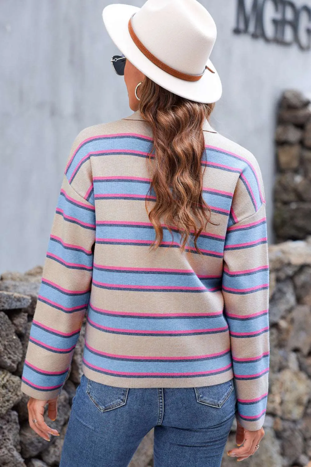 🔥 Stripe Collared V Neck Drop Shoulder Loose Sweater: For When You Want to Look Chill, but Still Like You Could Take on a Fashion Challenge 🔥