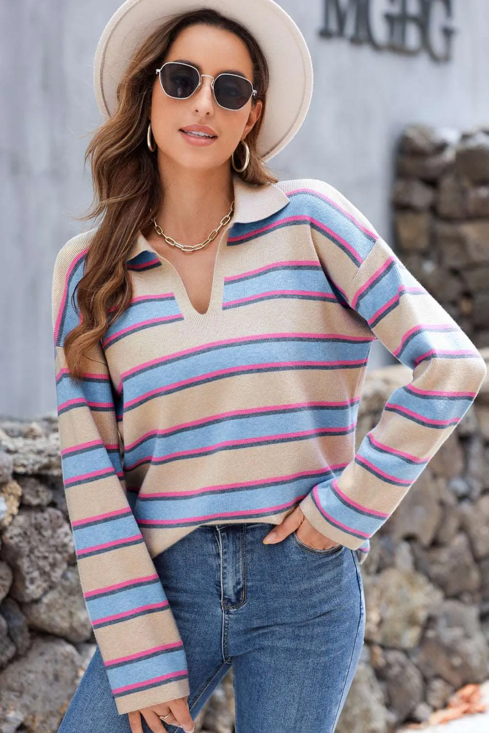 🔥 Stripe Collared V Neck Drop Shoulder Loose Sweater: For When You Want to Look Chill, but Still Like You Could Take on a Fashion Challenge 🔥