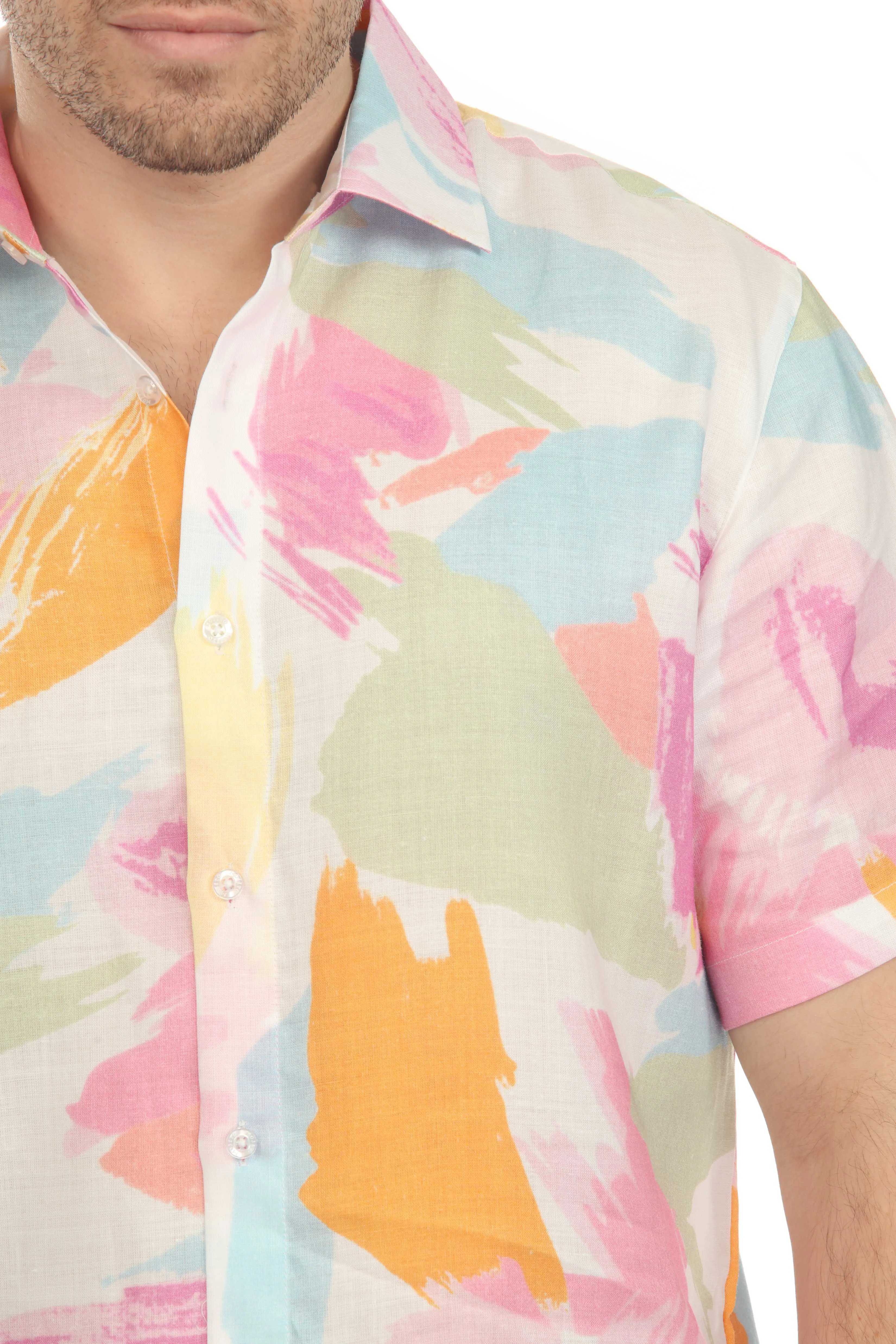 100% Linen Short Sleeve Pastel Abstract Print Shirt