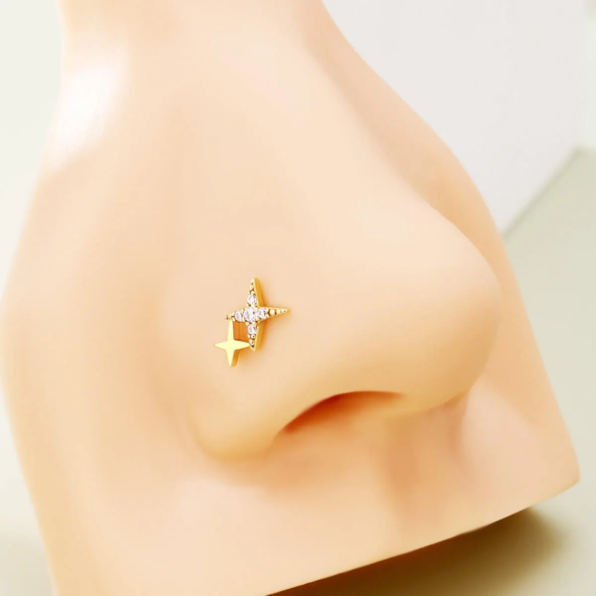 14K Solid Gold Shinny Star Top Nose Ring Flat Back