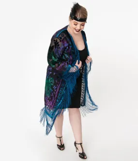 1920s Blue Devore Velvet Lattice Scarf Coat