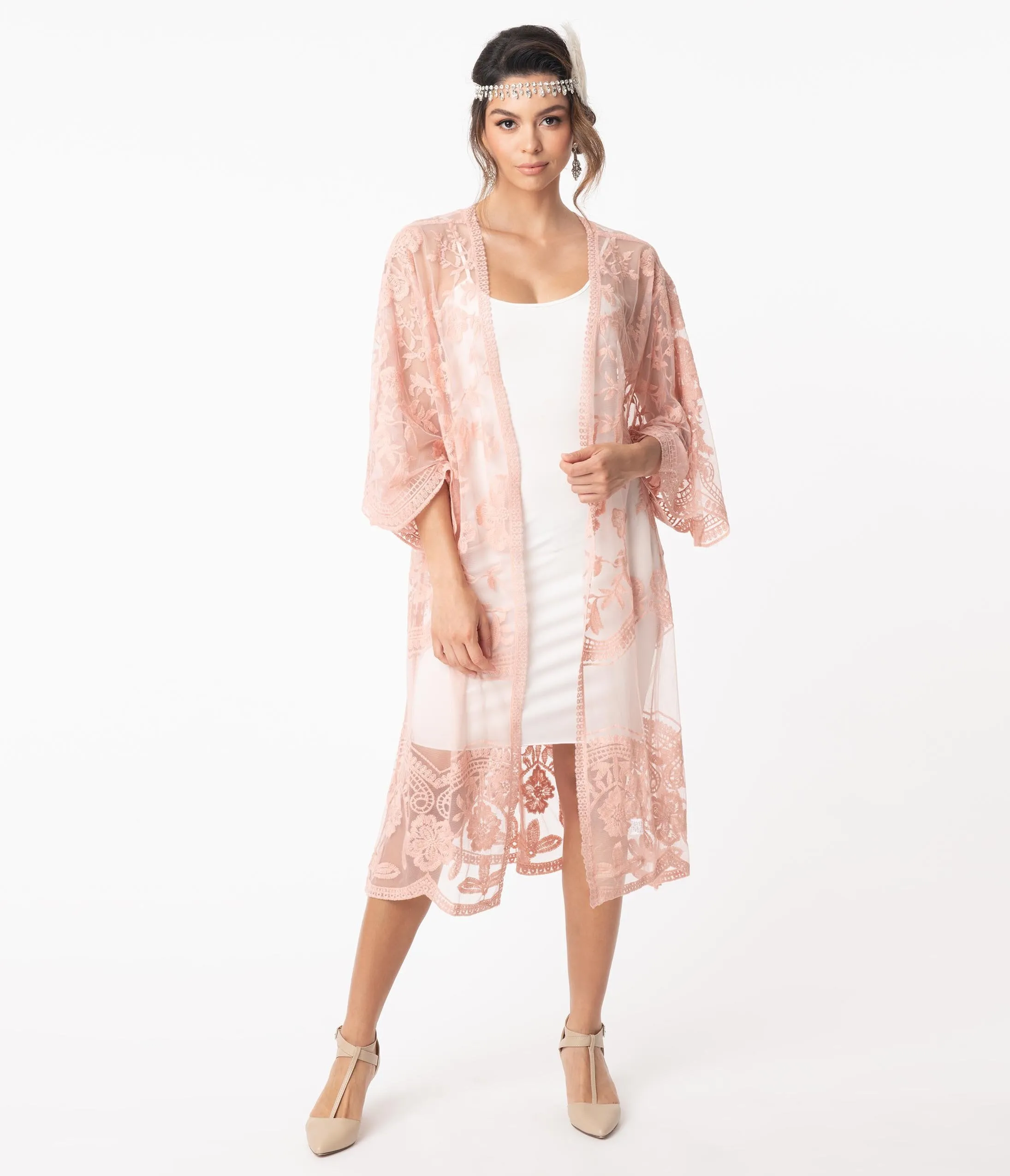 1920s Style Blush Pink Crochet Lace Kimono