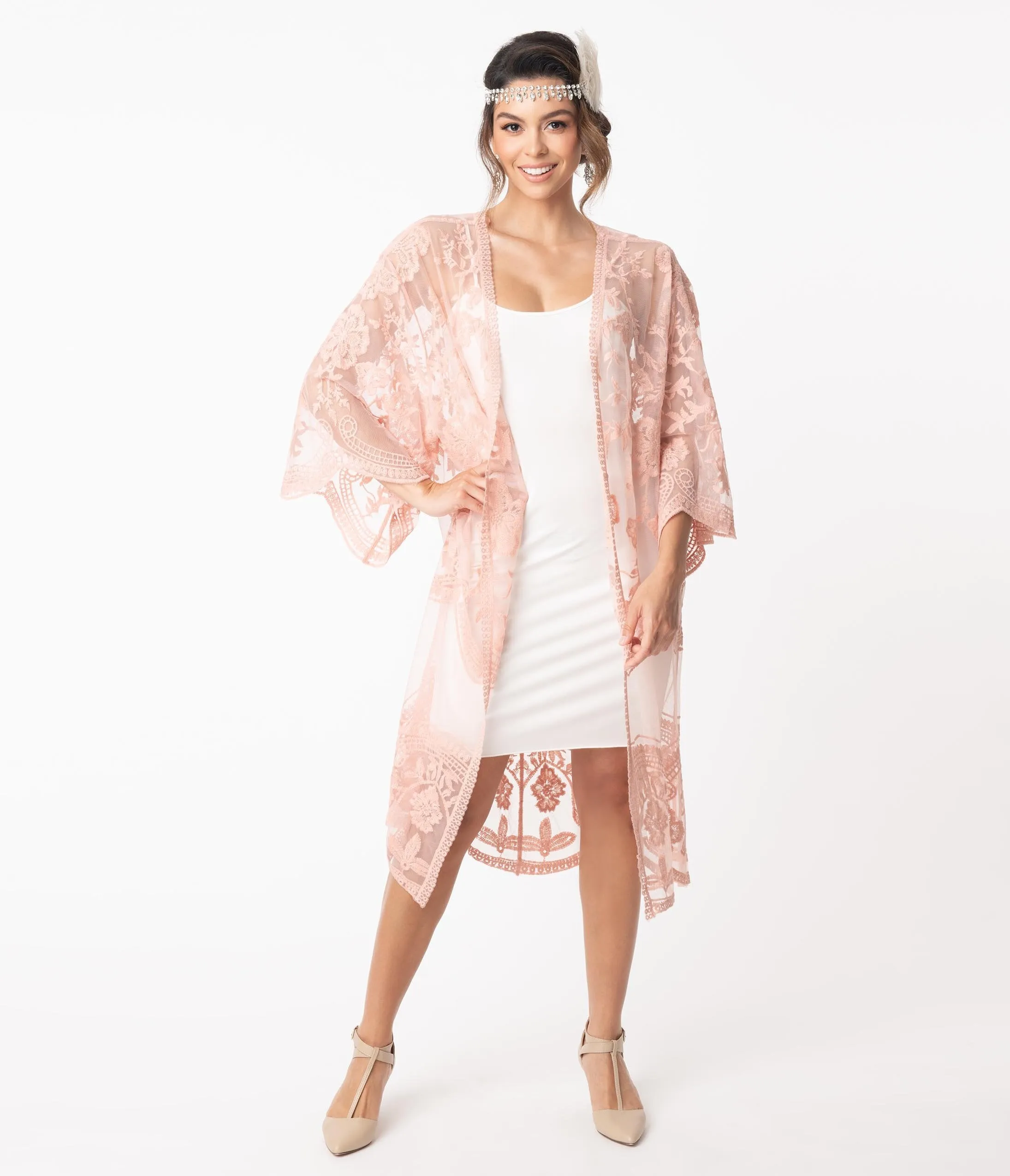 1920s Style Blush Pink Crochet Lace Kimono