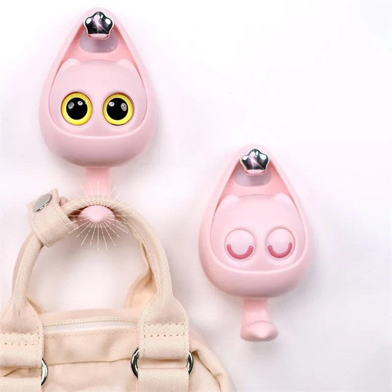 Adhesive Cute Cat Coat Hook Wall Mounted Decoration Cartoon Blink Cat Clothes Hat Scarf Key Holder