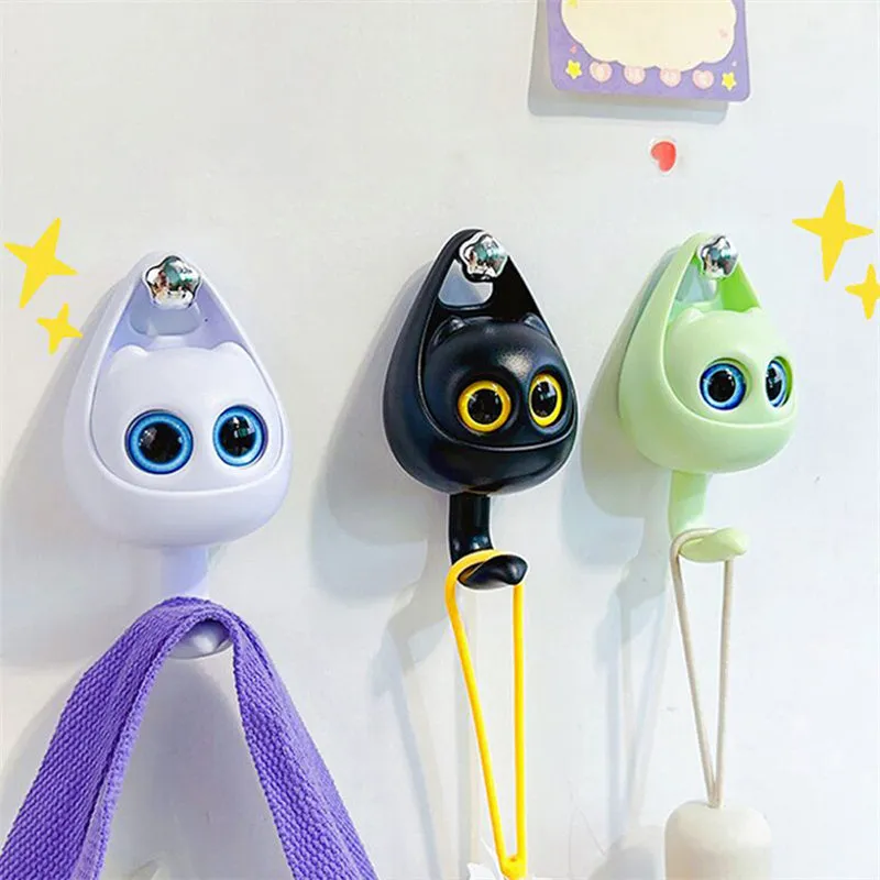 Adhesive Cute Cat Coat Hook Wall Mounted Decoration Cartoon Blink Cat Clothes Hat Scarf Key Holder