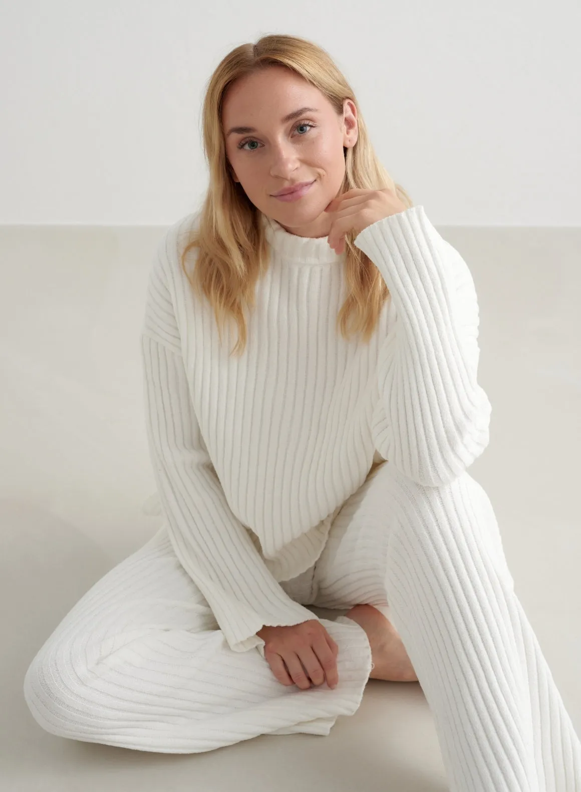 Almond White Rib Knit Sweater