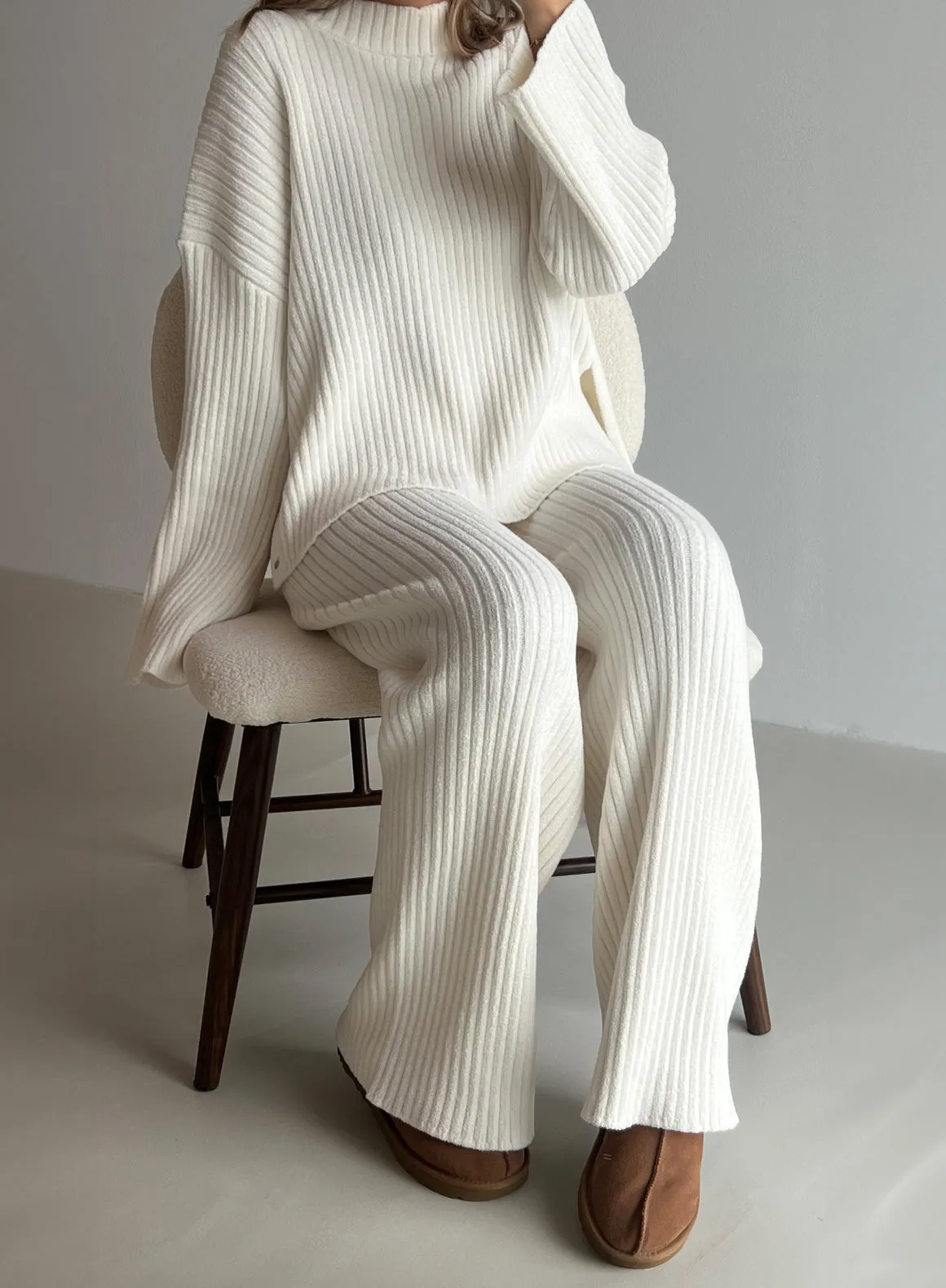 Almond White Rib Knit Sweater