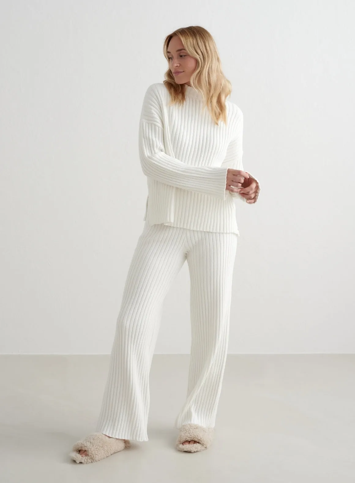 Almond White Rib Knit Sweater