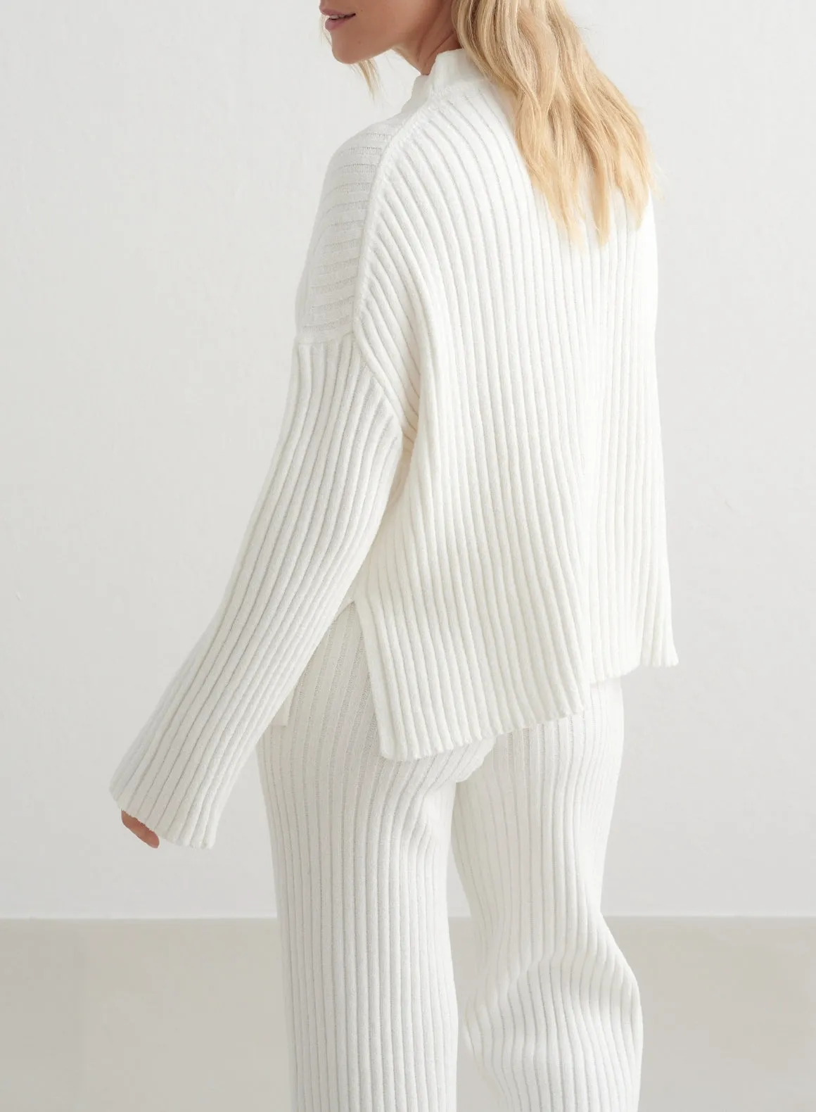 Almond White Rib Knit Sweater