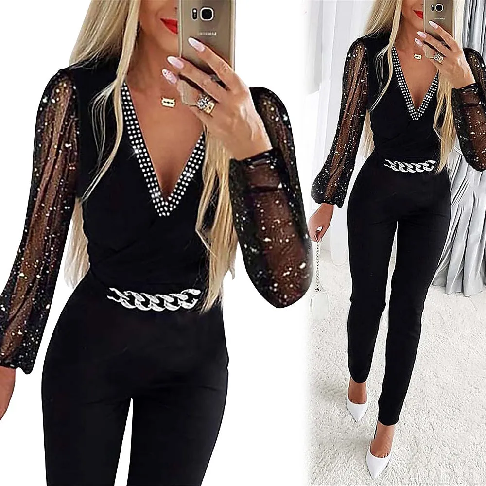 Amozae fall fashion 2024 Autumn New Women's Solid Color V-neck Long Sleeve Rhinestone High Waist Professional Casual Jumpsuit