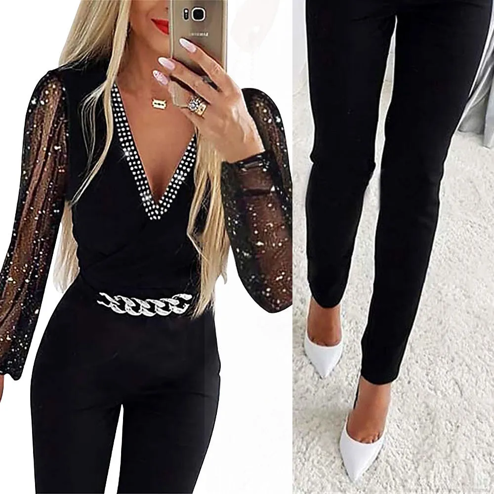 Amozae fall fashion 2024 Autumn New Women's Solid Color V-neck Long Sleeve Rhinestone High Waist Professional Casual Jumpsuit