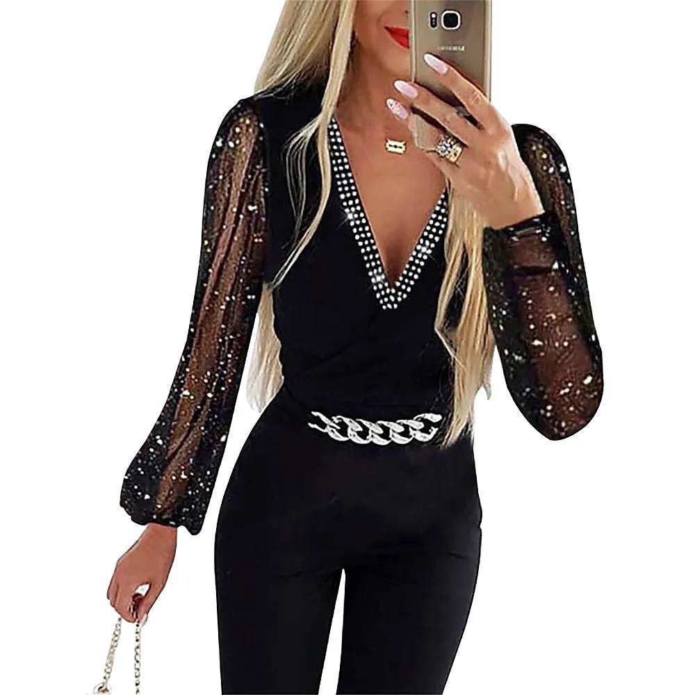 Amozae fall fashion 2024 Autumn New Women's Solid Color V-neck Long Sleeve Rhinestone High Waist Professional Casual Jumpsuit