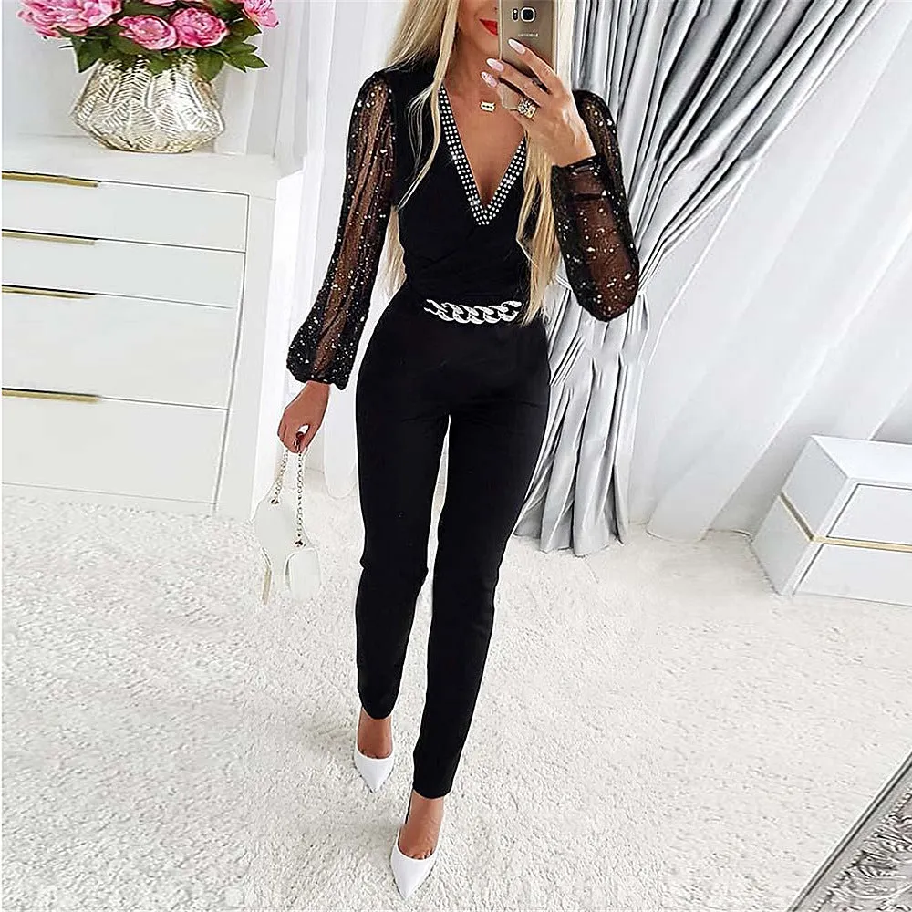 Amozae fall fashion 2024 Autumn New Women's Solid Color V-neck Long Sleeve Rhinestone High Waist Professional Casual Jumpsuit