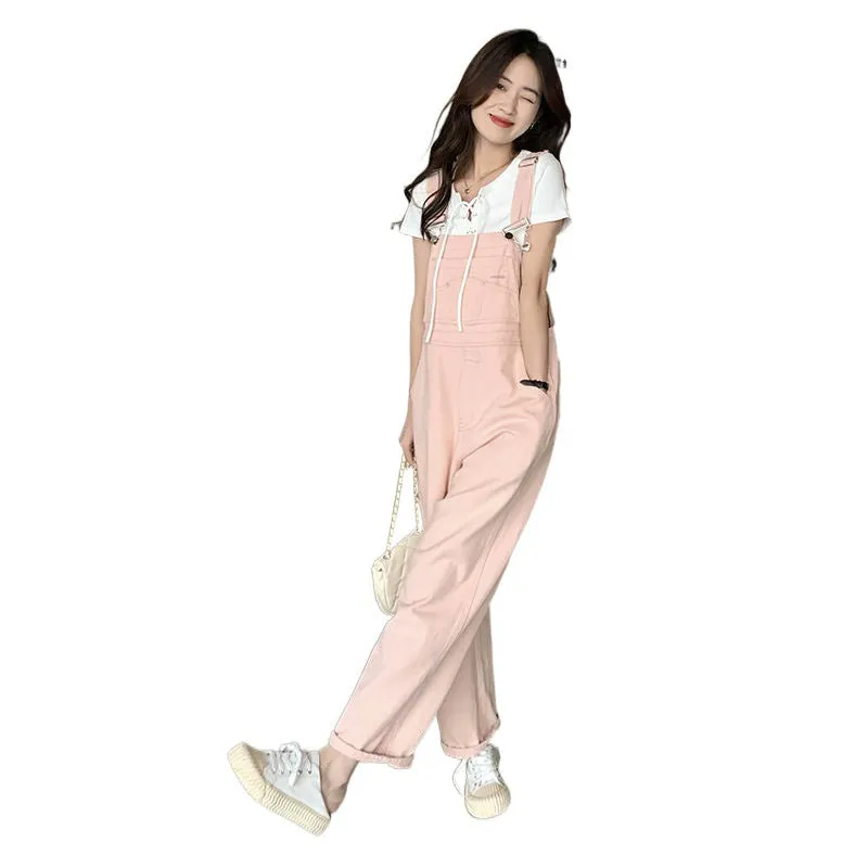 Amozae fall outfits women Spring and Autumn New Pink Denim Suspender Pants Women's Korean-Style Loose Small High Waist Straight Jumpsuit