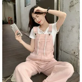 Amozae fall outfits women Spring and Autumn New Pink Denim Suspender Pants Women's Korean-Style Loose Small High Waist Straight Jumpsuit