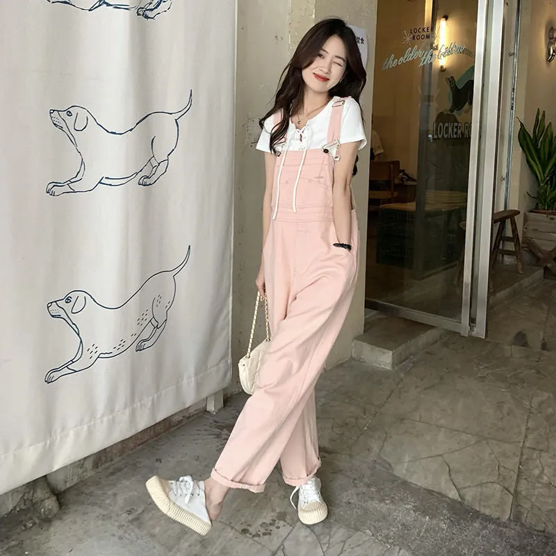 Amozae fall outfits women Spring and Autumn New Pink Denim Suspender Pants Women's Korean-Style Loose Small High Waist Straight Jumpsuit