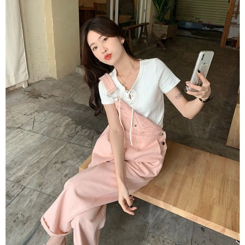 Amozae fall outfits women Spring and Autumn New Pink Denim Suspender Pants Women's Korean-Style Loose Small High Waist Straight Jumpsuit