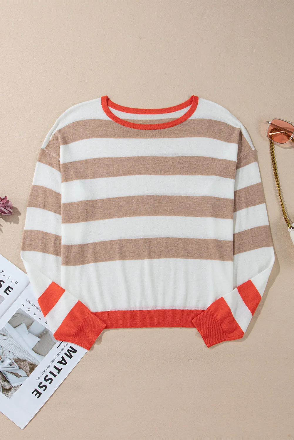 Apricot Colorblock Striped Round Neck Drop Shoulder Sweater