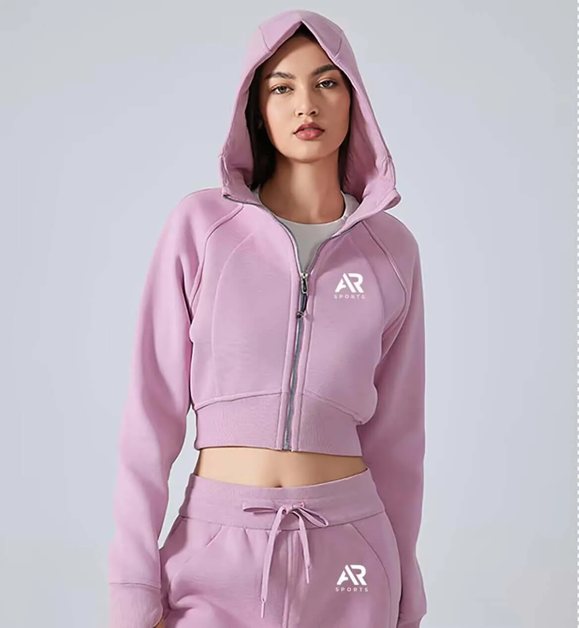 AR Sportswear Women's 2pcs Crop Fleece Casual Sports Zipper  Hoodie