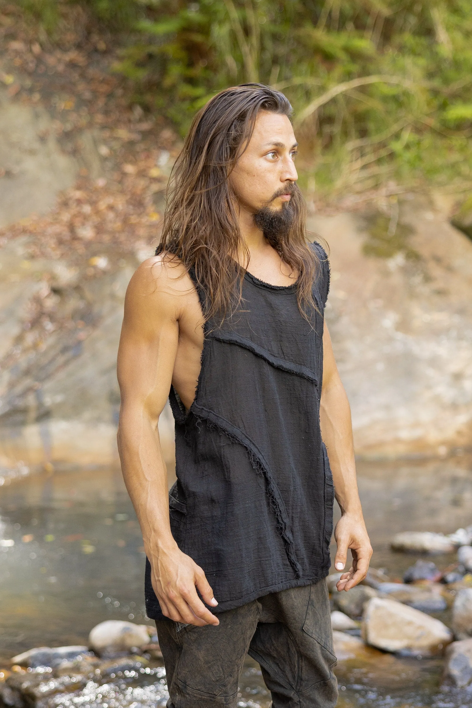 ARIKI Mens Black Tank Muscle Top Sleeveless Shirt Loose Fit Handmade Cotton Tribal Festival Natural Dyed Earthy Dystopian Steampunk AJJAYA