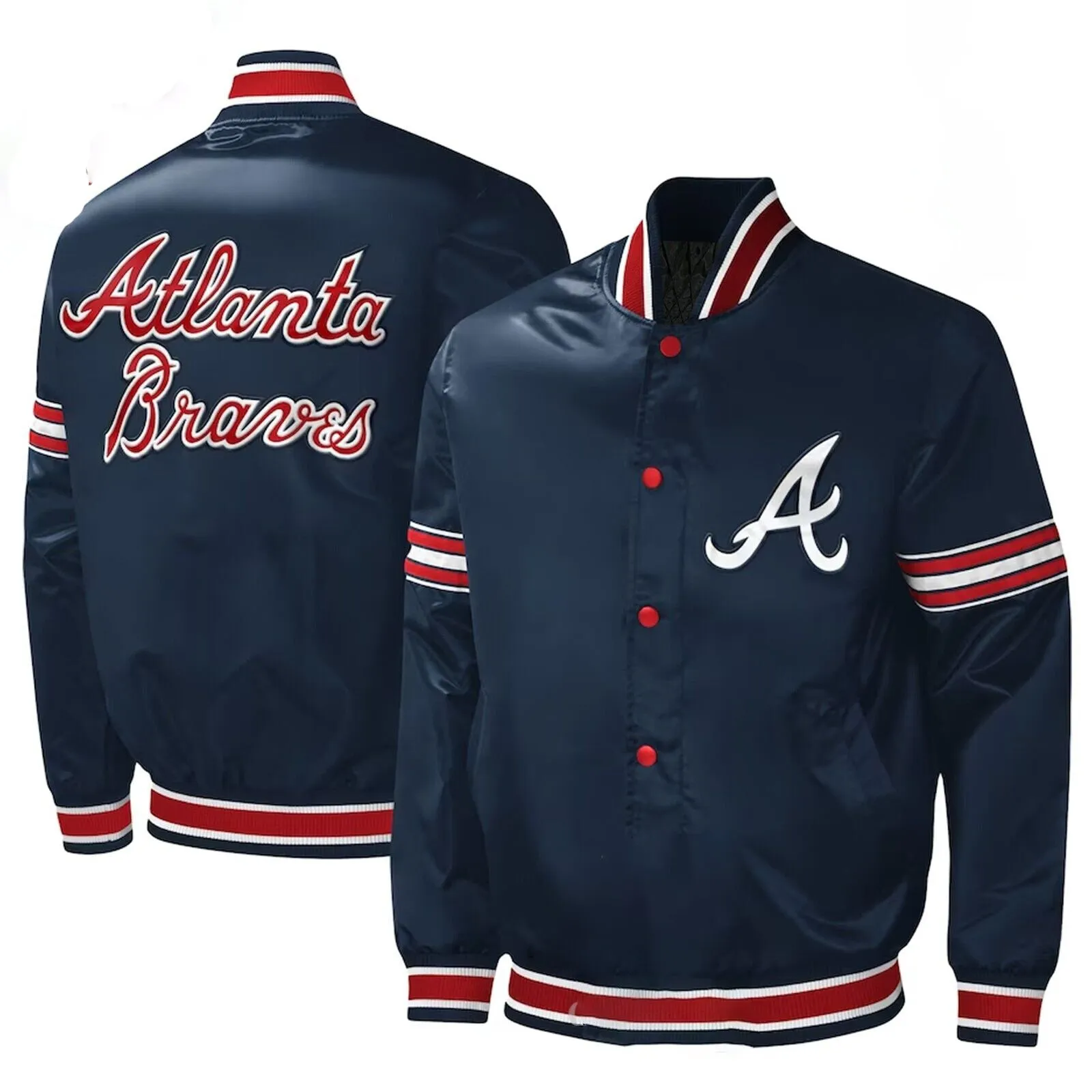 Atlanta Braves MLB Navy Satin Letterman Baseball Bomber Style Varsity Jacket