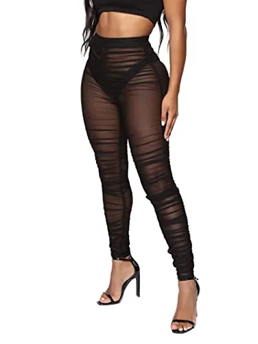 Avanova Women's Sheer Mesh Ruched High Waist Tights Leggings See Through Skinny Pants Black F Large