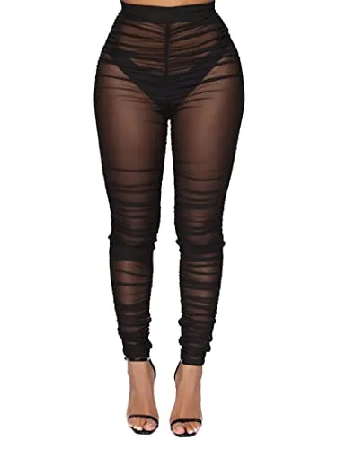 Avanova Women's Sheer Mesh Ruched High Waist Tights Leggings See Through Skinny Pants Black F Large