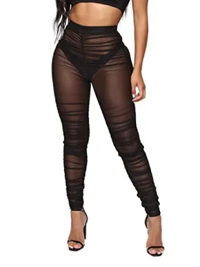 Avanova Women's Sheer Mesh Ruched High Waist Tights Leggings See Through Skinny Pants Black F Large