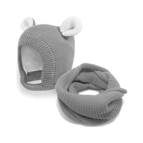 Baby Winter Knit Hat Scarf Set Earflap Toddler Fleece Lined Hat | Gray Set