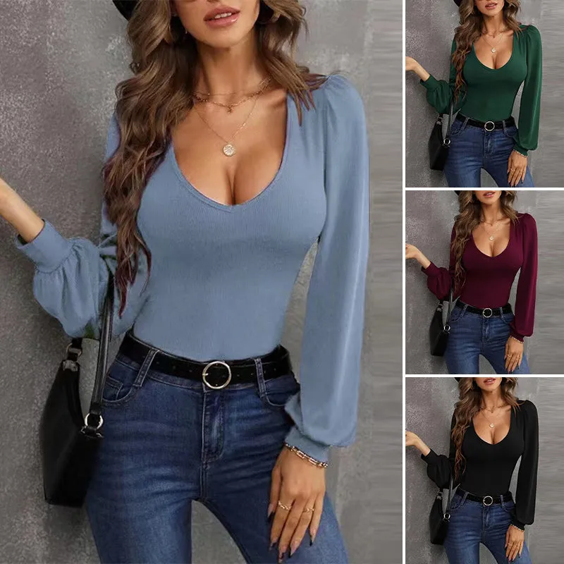 Balloon Sleeve U-Neck Slim Knit Tops