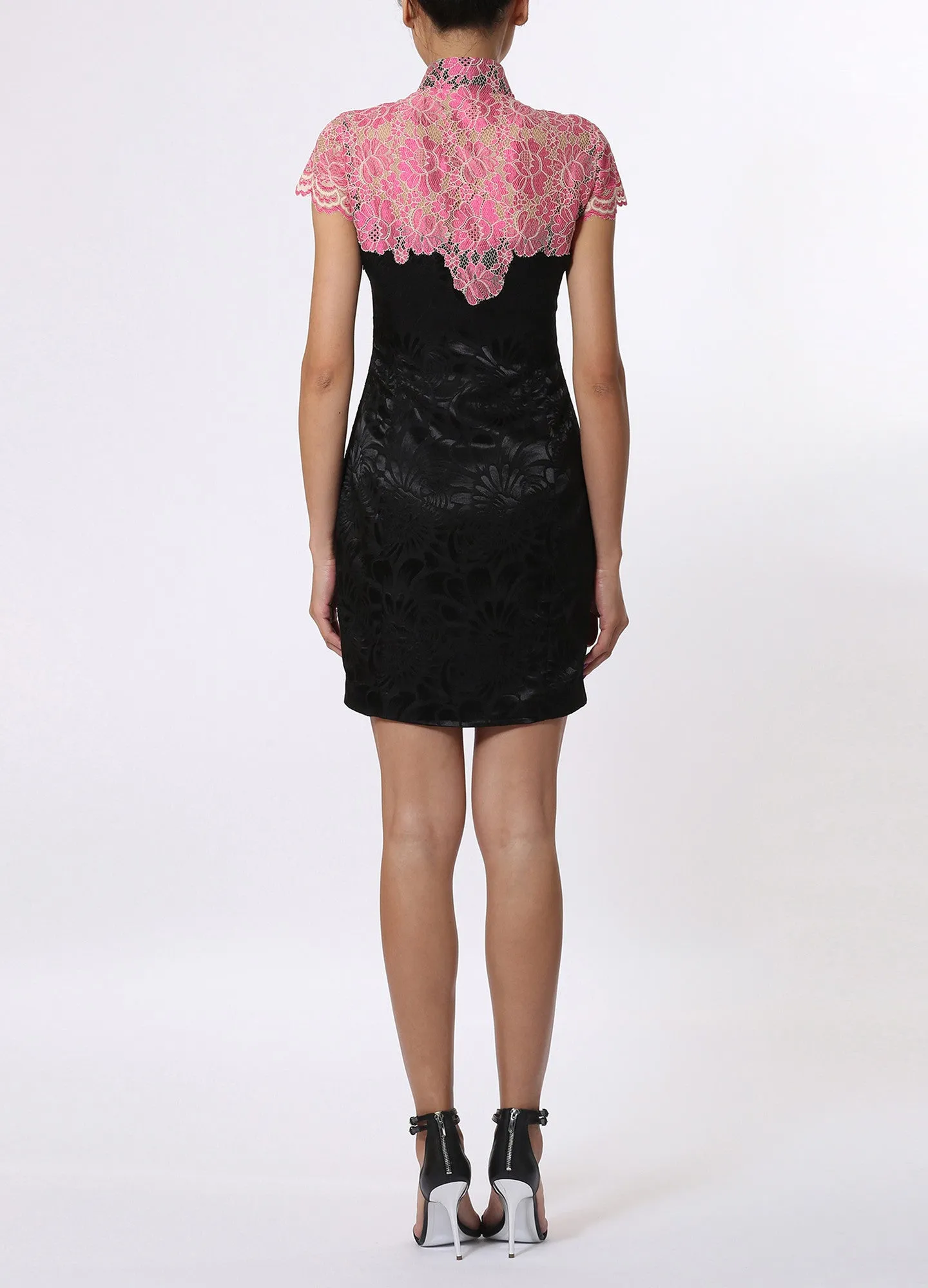 Black and Pink Floral Qipao with Contrast Embroidered Lace Top