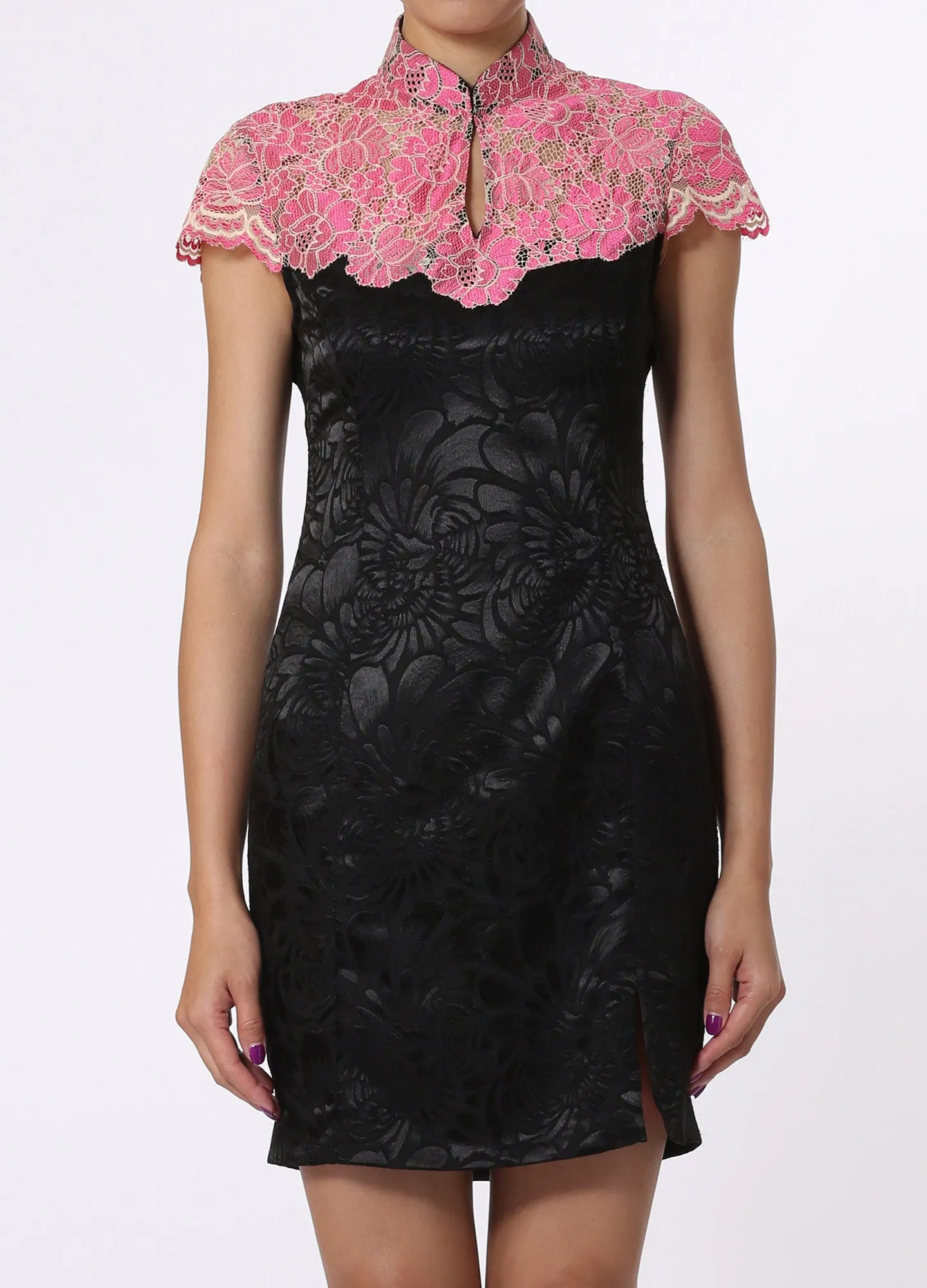 Black and Pink Floral Qipao with Contrast Embroidered Lace Top