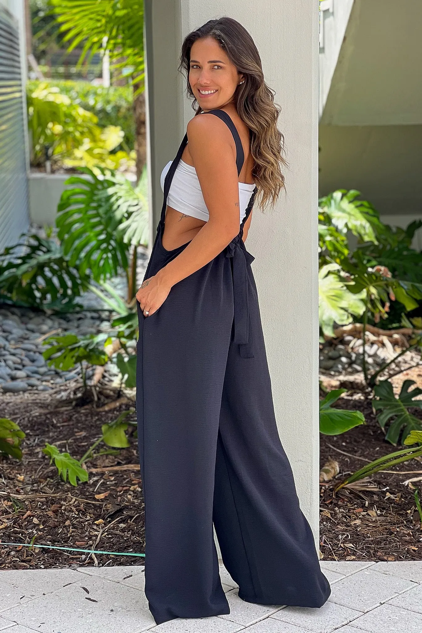 Black Jumpsuit With Pockets And Tie Back