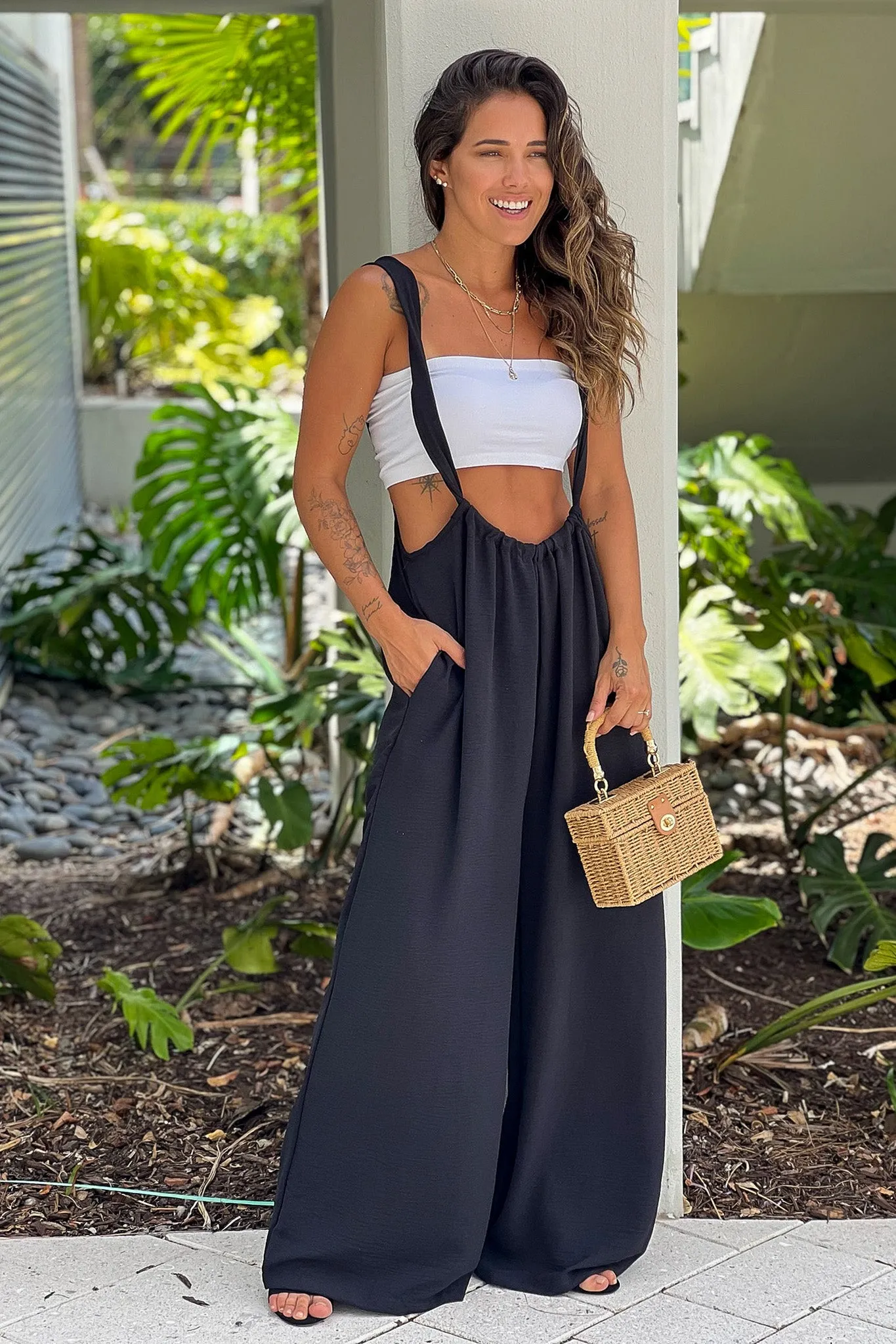 Black Jumpsuit With Pockets And Tie Back