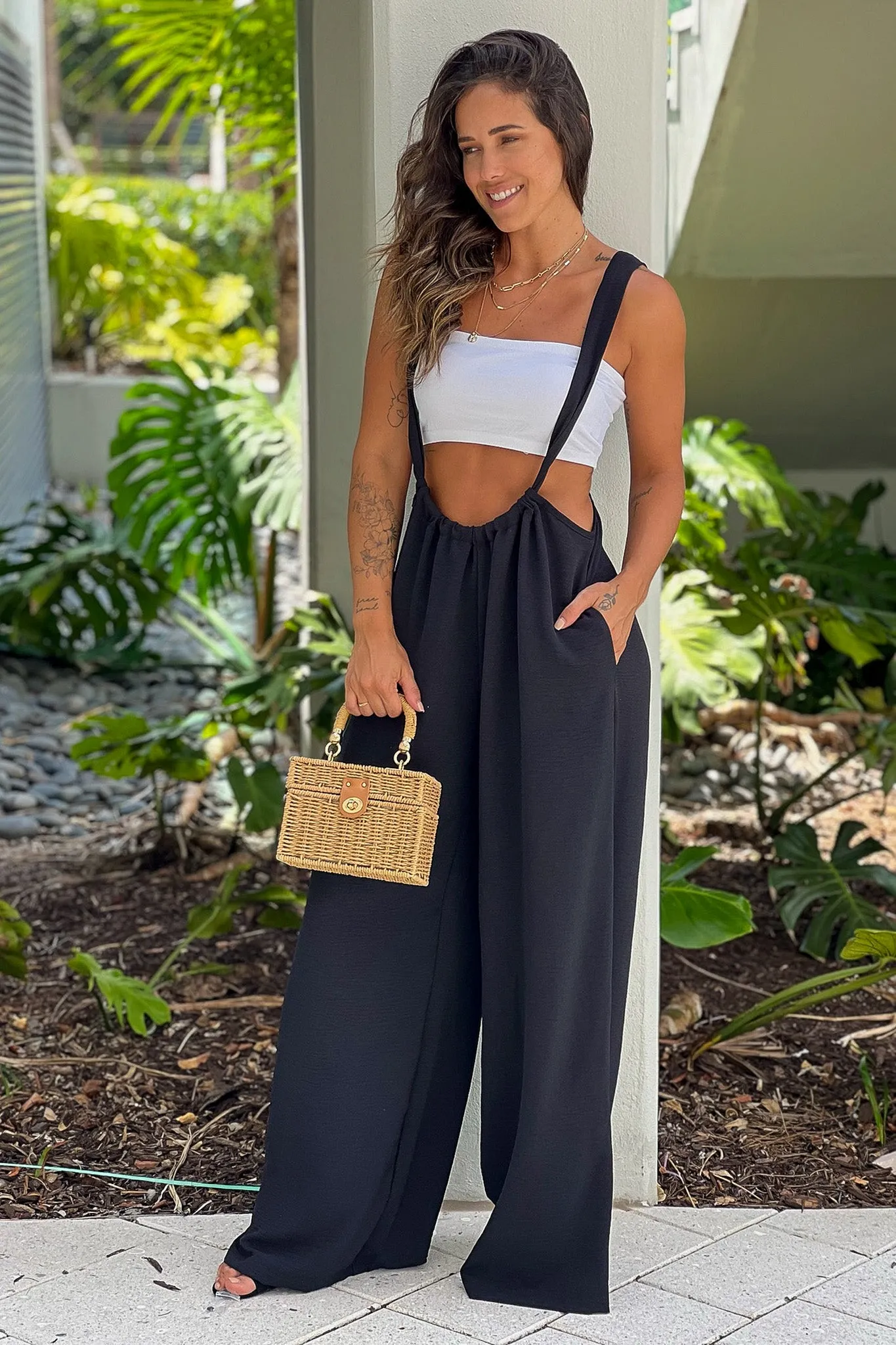 Black Jumpsuit With Pockets And Tie Back