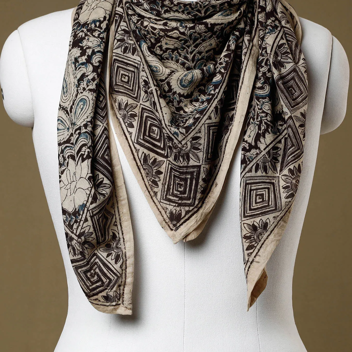 Black - Original Pedana Kalamkari Block Printed Cotton Scarf