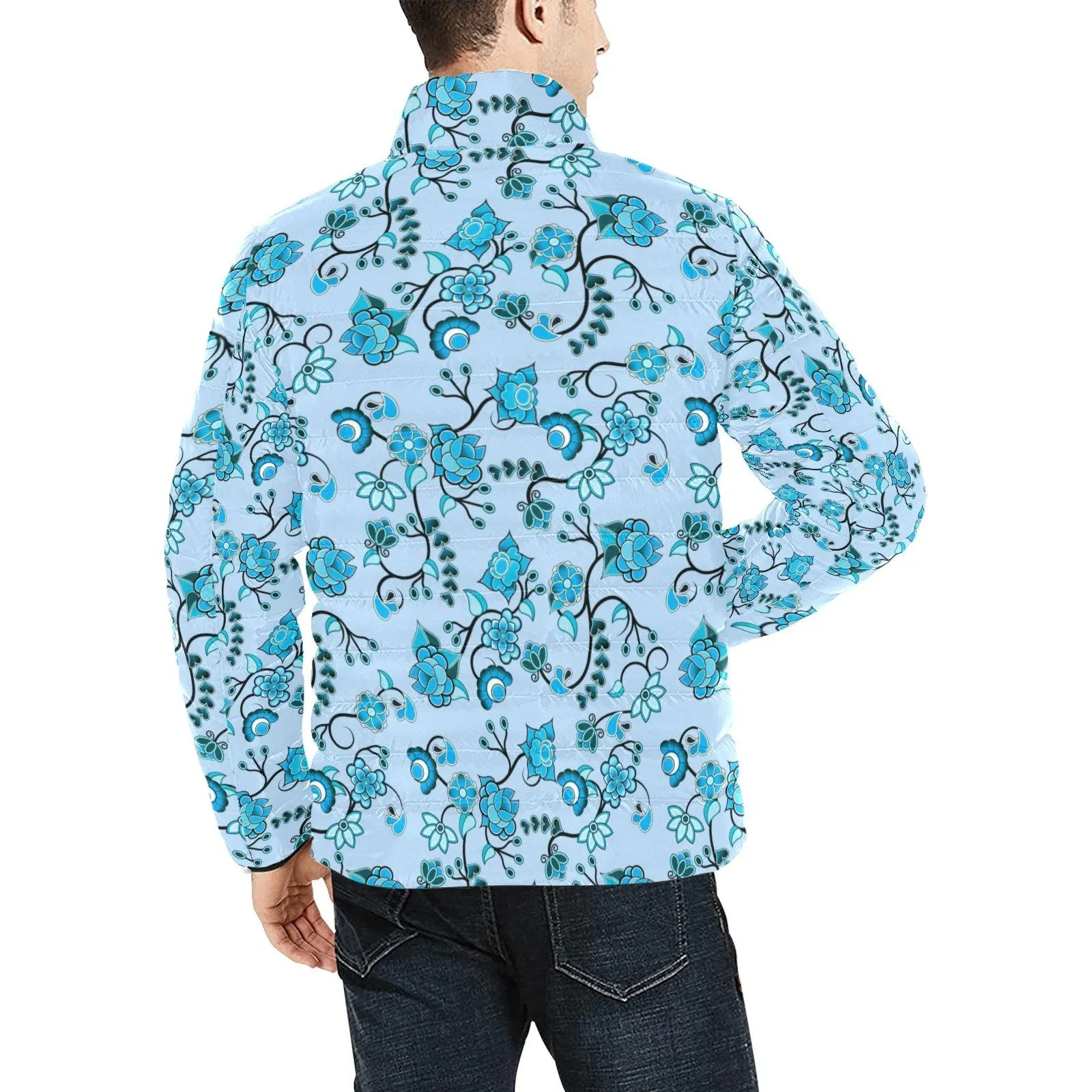 Blue Floral Amour Stand Collar Padded Jacket