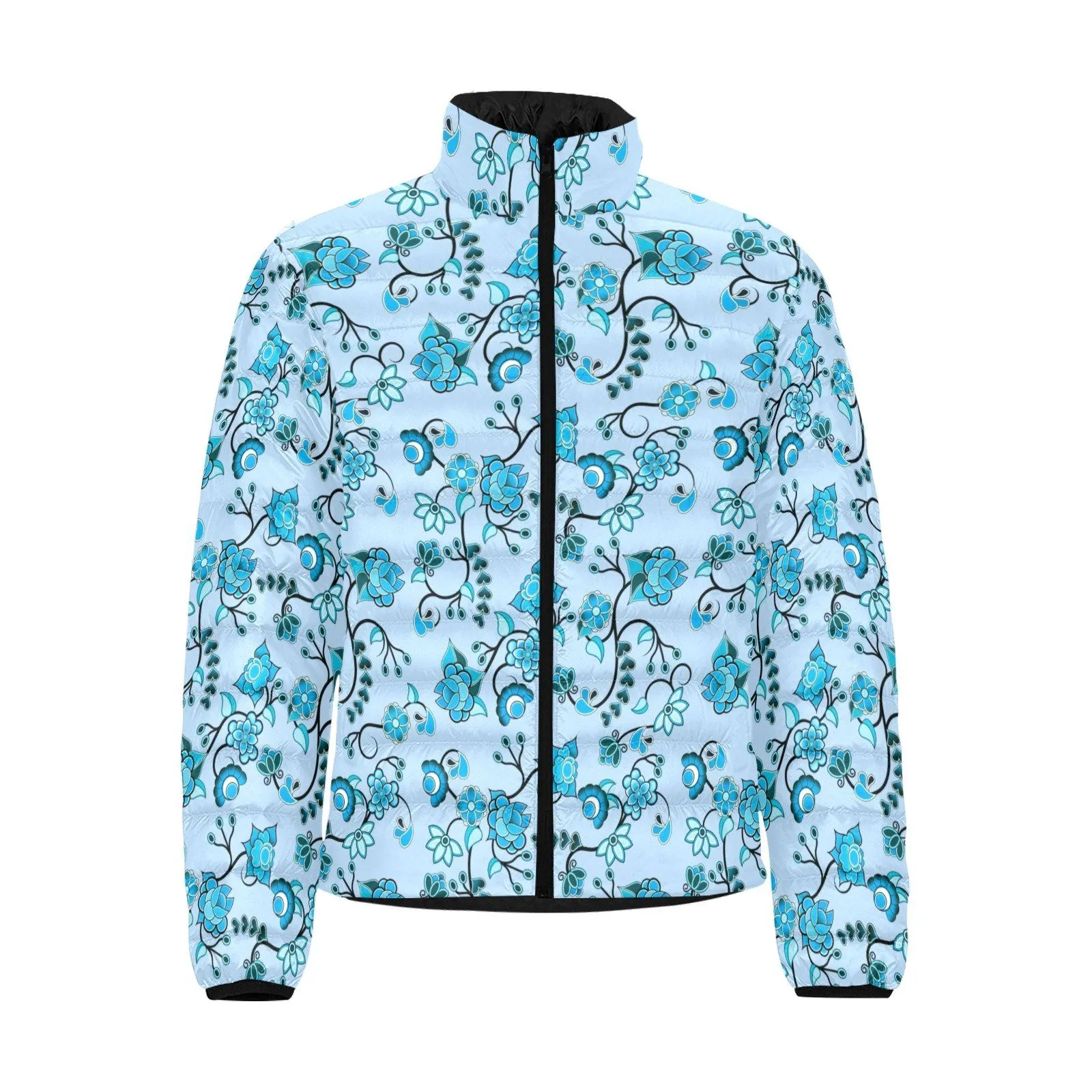 Blue Floral Amour Stand Collar Padded Jacket