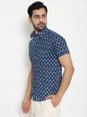 Blue Short Sleeve Cotton Hand Block Printed Men’s Shirt