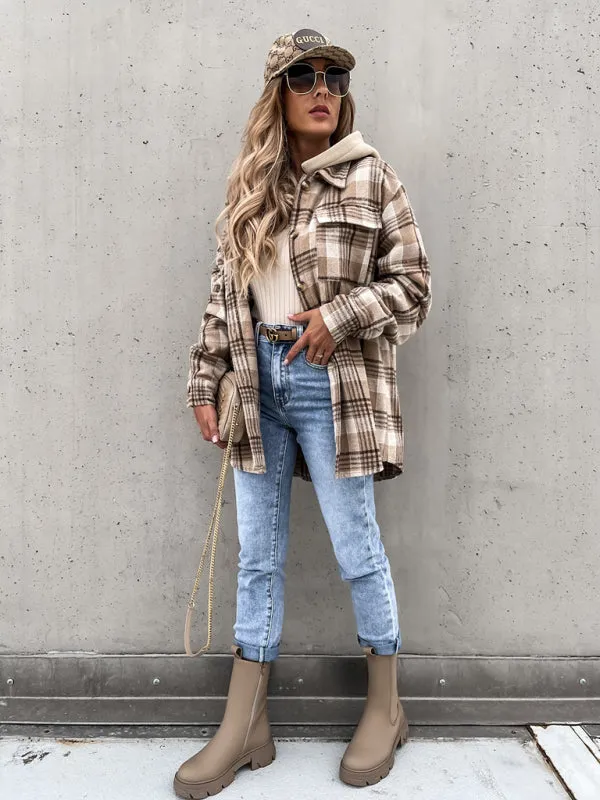 Bohemian Women's Plaid Flannel Hooded Shirt Jacket Coat