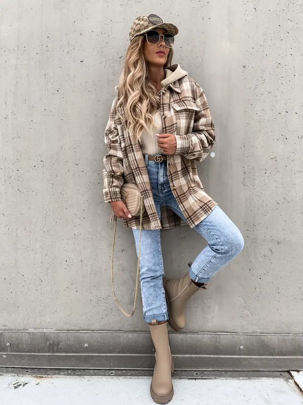 Bohemian Women's Plaid Flannel Hooded Shirt Jacket Coat