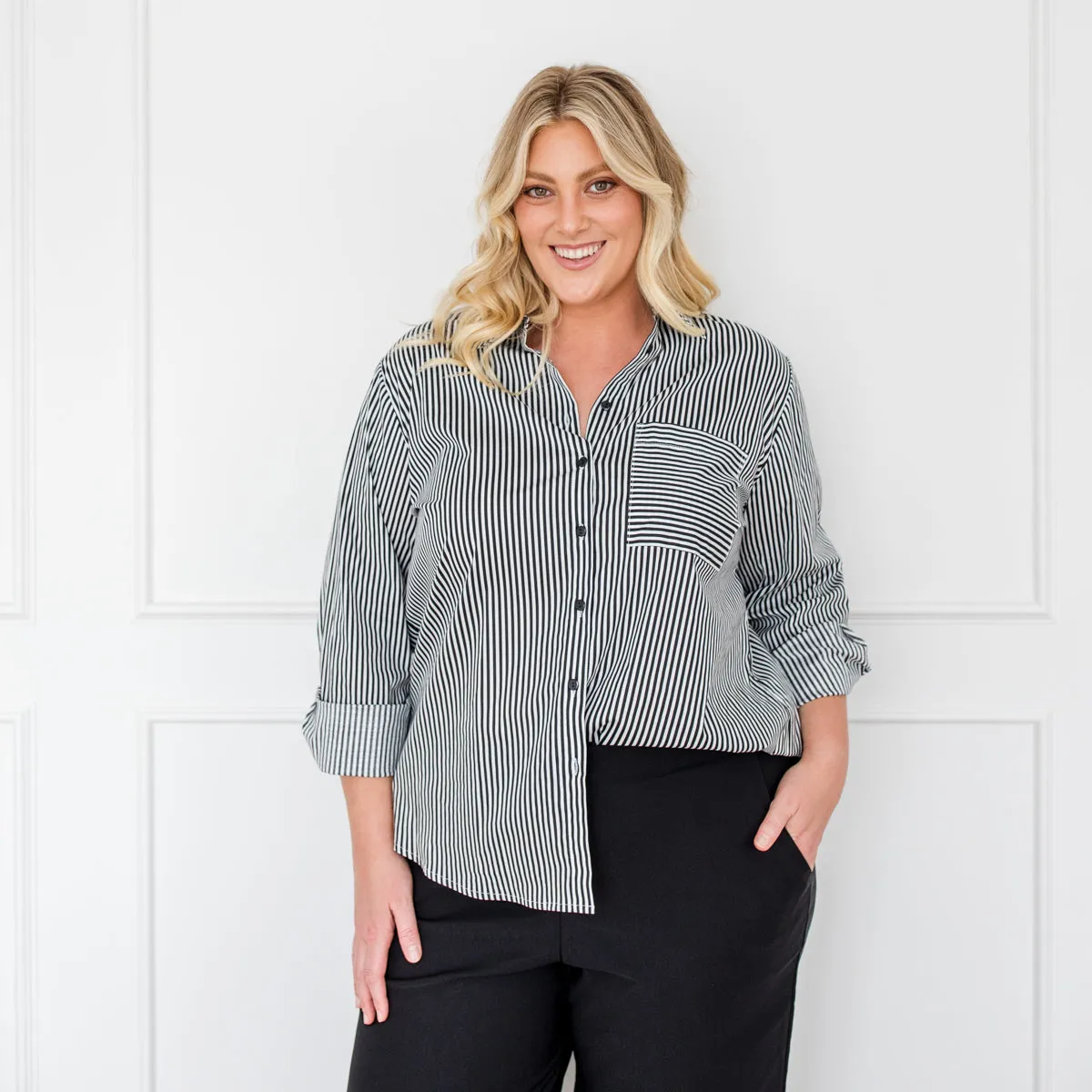 Cassandra relaxed stretch cotton shirt - black white stripe