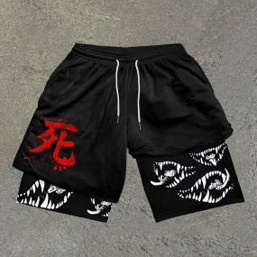 Chinese Dead Print Double Layer Mesh Shorts