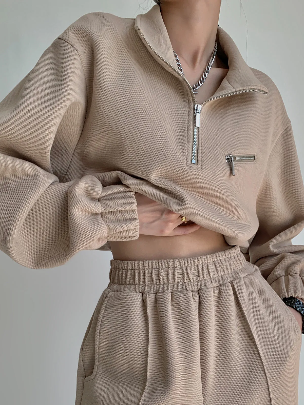 Cropped  Pullover Zip Sweatshirt - Khaki