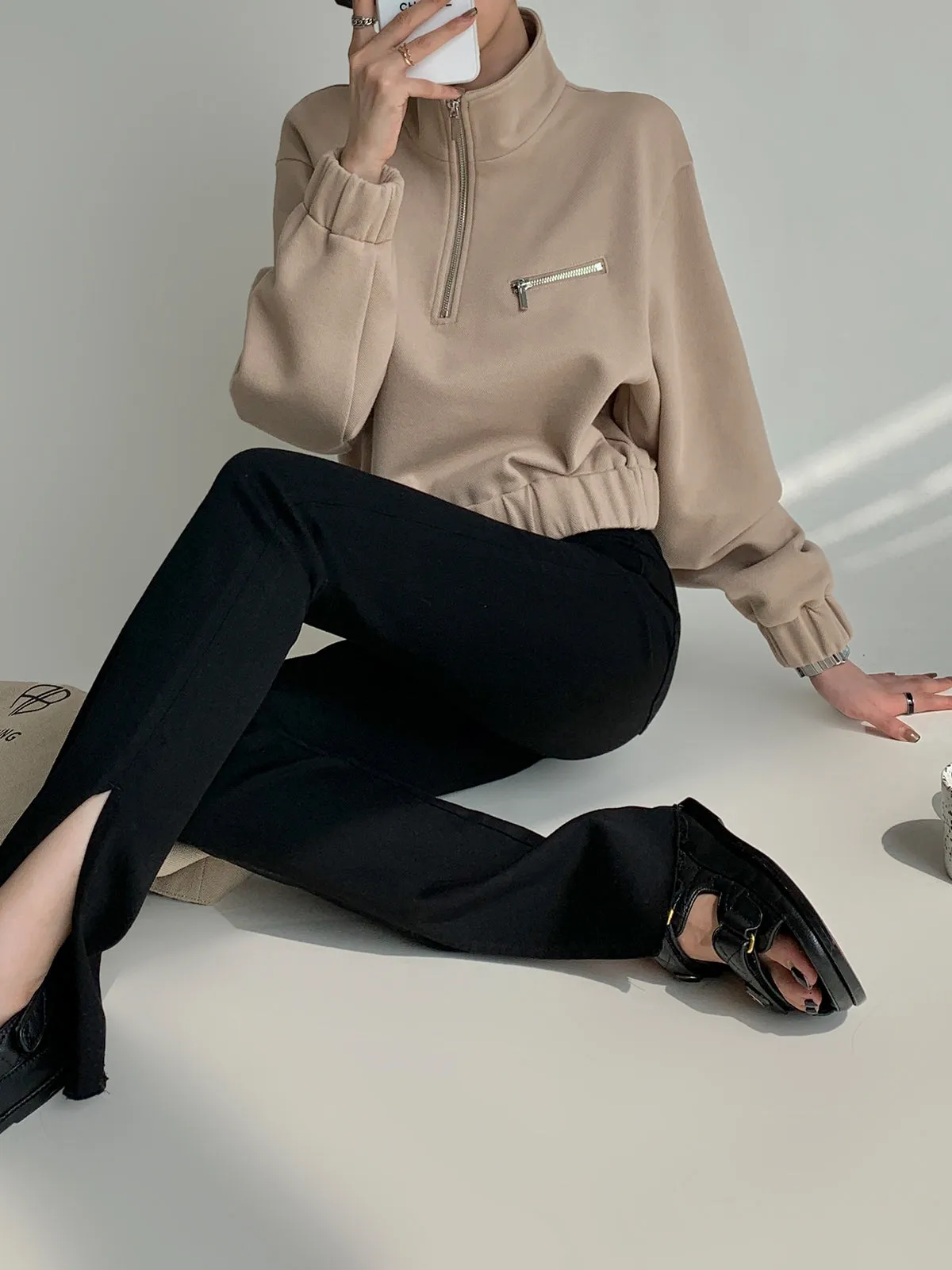 Cropped  Pullover Zip Sweatshirt - Khaki