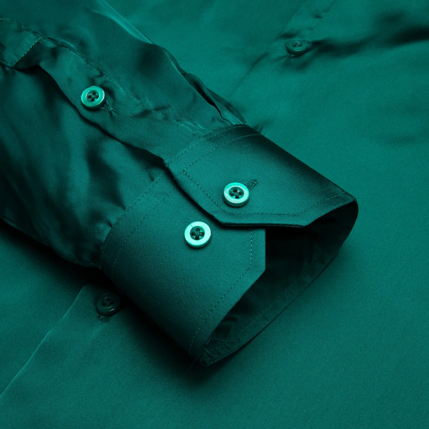 Dark Green Solid Satin Chiffon Non-stretch Men's Long Sleeve Shirt