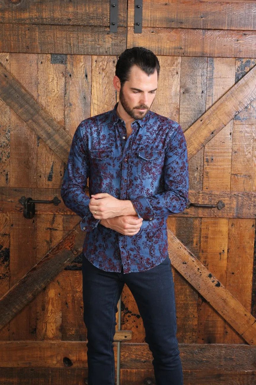 Denim Button Down Shirt W/ Burgundy Flocking