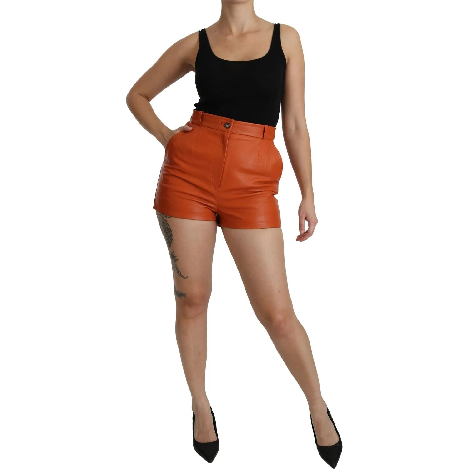 Dolce & Gabbana Chic Orange Leather High Waist Hot Pants